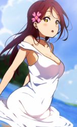 Rule 34 | 10s, 1girl, absurdres, bad id, bad pixiv id, blue sky, blurry, blush, breasts, choker, cleavage, cloud, cloudy sky, collarbone, covered navel, day, depth of field, dress, dutch angle, flower, hair flower, hair ornament, highres, icehotmilktea, long hair, looking at viewer, love live!, love live! school idol festival, love live! sunshine!!, medium breasts, open mouth, outdoors, parted lips, red hair, sakurauchi riko, sky, solo, strap slip, wading, white dress, yellow eyes