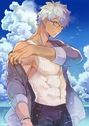 Rule 34 | 1boy, alternate costume, archer (fate), beach, brown eyes, casual, covered abs, covered navel, dark skin, dark-skinned male, fate/grand order, fate/stay night, fate (series), glasses, jacket, looking at viewer, male focus, muscular, open clothes, open jacket, pectorals, ro (pixiv34009774), short hair, solo, summer, archer (summer casual) (fate), tank top, undressing, upper body, white hair, white tank top