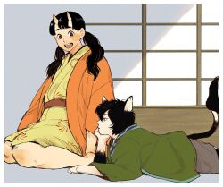 Rule 34 | 2girls, animal ears, barefoot, black hair, cat ears, cat girl, cat tail, chipped tooth, dungeon meshi, foot up, from side, green jacket, hair over shoulder, head rest, horns, inorenkon, inutade, izutsumi, jacket, japanese clothes, kimono, long hair, long sleeves, looking ahead, looking at another, looking at viewer, looking to the side, low twintails, lying, mismatched animal ear colors, mole, mole under eye, multiple girls, on stomach, oni, open mouth, orange jacket, profile, short hair, short kimono, shouji, sitting, sliding doors, smile, tail, twintails, wariza, yellow kimono