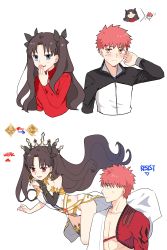 Rule 34 | 1boy, 1girl, abs, absurdres, anklet, appleale19, armlet, armor, asymmetrical legwear, asymmetrical sleeves, black hair, black ribbon, blue eyes, bridal gauntlets, cape, crown, detached collar, earrings, elbow gloves, emiya shirou, fate/grand order, fate/stay night, fate (series), floating, gameplay mechanics, gloves, hair ribbon, highres, hoop earrings, igote, ishtar (fate), japanese clothes, jewelry, limited/zero over, long hair, neck ring, orange hair, parted bangs, pelvic curtain, raglan sleeves, red eyes, ribbon, single elbow glove, single thighhigh, sweater, thighhighs, tiara, tohsaka rin, two side up, uneven legwear, uneven sleeves, weapon, yellow eyes
