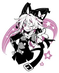 Rule 34 | 1girl, animal hat, belt, belt buckle, blush stickers, bow, braid, buckle, buttons, coat, cropped torso, grin, hat, hat bow, kirisame marisa, long hair, long sleeves, looking at viewer, monochrome, morino hon, one eye closed, pointing, pointing at viewer, purple eyes, sharp teeth, side braid, single braid, smile, solo, spot color, star (symbol), teeth, touhou