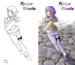 Rule 34 | 1girl, artist request, ass, blush, character name, cobblestone, colorized, comparison, dated, denim, from behind, hands on own chest, hyuuga hinata, jeans, looking at viewer, looking back, monochrome, naruto, naruto (series), pants, parka, signature, thigh strap, walking