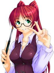 Rule 34 | 00s, glasses, kousaka tamaki, red hair, simple background, solo, teacher, to heart (series), to heart 2, v, white background