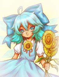 Rule 34 | 1girl, blue bow, blue eyes, blue hair, bow, cirno, collared shirt, dress, flower, highres, ice, ice wings, shirt, skullchimes, solo, sunflower, tagme, tanned cirno, touhou, wings, yellow background