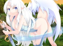 Rule 34 | angel, angel wings, blue eyes, boots, breasts, cum, femdom, large breasts, long hair, mon-musu quest!, pointy ears, sword, thigh boots, thighhighs, valkyrie, victoria (mon-musu quest!), weapon, white hair, wings
