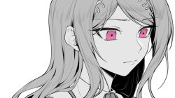 Rule 34 | 1girl, akamatsu kaede, close-up, closed mouth, commentary request, danganronpa (series), danganronpa v3: killing harmony, ewa (seraphhuiyu), fortissimo, hair ornament, highres, long hair, looking down, musical note, musical note hair ornament, pink eyes, portrait, simple background, solo, spot color, white background