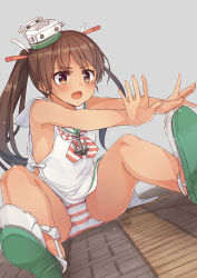 Rule 34 | 10s, 1girl, absurdres, brown eyes, brown hair, dark-skinned female, dark skin, dress, hat, highres, kantai collection, libeccio (kancolle), long hair, open mouth, panties, pantyshot, ribbon, ruma imaginary, sailor dress, sitting, solo, stretching, striped clothes, striped panties, twintails, underwear