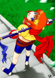 Rule 34 | 00s, 1girl, :p, barefoot, belt, bike shorts, blue eyes, cat, chouhi, feet, fingerless gloves, from above, full body, gloves, grass, hair ornament, koihime musou, lb, looking up, midriff, orange hair, outdoors, scarf, short hair, socks, solo, staff, stairs, toeless legwear, toes, tongue, tongue out, yin yang