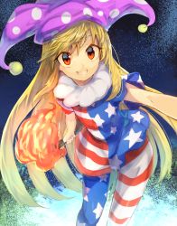Rule 34 | 1girl, american flag dress, american flag legwear, bad id, bad pixiv id, blonde hair, clownpiece, commentary request, dress, fire, grin, hat, highres, holding, jester cap, long hair, looking at viewer, neck ruff, pantyhose, polka dot, red eyes, short dress, short sleeves, sky, smile, solo, standing, star (sky), star (symbol), star print, starry sky, striped clothes, striped pantyhose, suminagashi, teeth, torch, touhou, very long hair