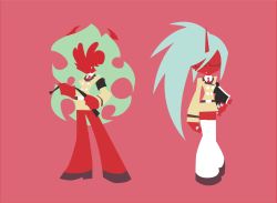 Rule 34 | 10s, blue hair, colored skin, fang, formal, green hair, horns, kneesocks (psg), panty &amp; stocking with garterbelt, red background, red skin, riding crop, scanty (psg), siblings, simple background, sisters, suit, thighhighs