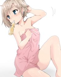 Rule 34 | 1girl, arm up, blonde hair, blue eyes, blush, commentary request, covering privates, covering breasts, hand in own hair, highres, knee up, naked towel, original, piercing, pink towel, ramune, roku kyuu, short hair, simple background, sitting, solo, sweatdrop, towel, white background