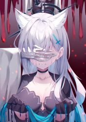 Rule 34 | 1girl, 1other, absurdres, animal ears, black gloves, blood, blue archive, breasts, choker, cleavage, clenched teeth, closed eyes, collarbone, covering another&#039;s eyes, crying, gloves, gou 213, hair ornament, halo, highres, holding, holding cloth, long hair, long sleeves, medium breasts, phrenapates (blue archive), shiroko (blue archive), shiroko terror (blue archive), teeth, white hair, x hair ornament