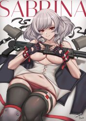 1girl absurdres artist_name black_gloves black_thighhighs breasts caiman_pool character_name collared_shirt commentary fingerless_gloves girls&#039;_frontline girls&#039;_frontline_2:_exilium gloves grey_hair gun highres holding holding_gun holding_weapon large_breasts looking_at_viewer lying navel on_back panties pump_action red_eyes red_panties sabrina_(girls&#039;_frontline_2) shirt shotgun sleeveless sleeveless_shirt smile solo spas-12 spas-12_(girls&#039;_frontline) thighhighs underwear weapon white_shirt