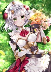 Rule 34 | 1girl, absurdres, apron, armor, ascot, black gloves, bouquet, braid, breasts, cleavage, closed mouth, commentary request, flower, genshin impact, gloves, green eyes, grey hair, hair flower, hair ornament, highres, holding, holding bouquet, looking at viewer, lying, maid, maid apron, maid headdress, mayu (sh-n-9), medium breasts, noelle (genshin impact), on grass, red ascot, red flower, red rose, rose, short hair, smile, solo, upper body