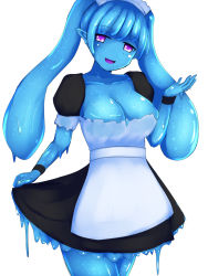 Rule 34 | blue skin, breasts, cleavage, colored skin, dress, maid, monster girl, purple eyes, rethnick, slime girl, twintails