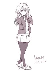 Rule 34 | 1girl, absurdres, blazer, blush, collared shirt, commentary request, copyright request, dated, full body, grin, hair between eyes, hands on headphones, hands up, headphones, headphones around neck, highres, jacket, loafers, long hair, looking at viewer, monochrome, neki (wakiko), open clothes, open jacket, pantyhose, pleated skirt, school uniform, shirt, shoes, signature, simple background, skirt, sleeves past wrists, smile, solo, standing, sweater, white background