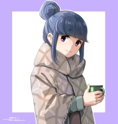 Rule 34 | 1girl, blanket, blue hair, border, closed mouth, cup, dated, hair bun, highres, holding, holding cup, horikou, long sleeves, looking at viewer, mug, outline, purple border, purple eyes, shima rin, signature, single hair bun, smile, solo, white background, white outline, yurucamp