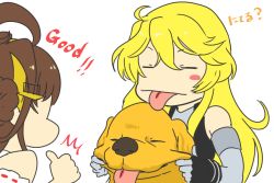 Rule 34 | 10s, 2girls, bad id, bad pixiv id, blonde hair, brown hair, dog, closed eyes, iowa (kancolle), kantai collection, kongou (kancolle), multiple girls, tachikoma (mousou teikoku), thumbs up, tongue, tongue out, translation request