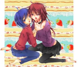 Rule 34 | 10s, 2boys, ahoge, artist request, ass, barefoot, blue eyes, blue hair, blush, cardfight!! vanguard, choker, interlocked fingers, long hair, looking at viewer, male focus, multiple boys, open mouth, pants, red eyes, red hair, ribbed sweater, sendou aichi, sitting, skirt, smile, suzugamori ren, sweater, trap, wariza, yaoi