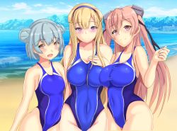 Rule 34 | 3girls, alternate breast size, beach, blonde hair, blue one-piece swimsuit, brown eyes, competition swimsuit, double bun, fletcher (kancolle), hair bun, headband, highleg, highleg swimsuit, highres, johnston (kancolle), kantai collection, long hair, montemasa, multiple girls, one-piece swimsuit, purple eyes, samuel b. roberts (kancolle), short hair, swimsuit, tagme, twintails