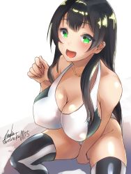 Rule 34 | 1girl, absurdres, agano (kancolle), bare shoulders, between legs, black hair, blush, breasts, cleavage, collarbone, competition swimsuit, covered erect nipples, eureka (eureka-0075), green eyes, hand between legs, hand up, highres, kantai collection, large breasts, long hair, looking at viewer, one-hour drawing challenge, one-piece swimsuit, open mouth, sidelocks, signature, sitting, smile, solo, swimsuit, thigh cleavage, thighhighs, twitter username