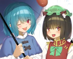 Rule 34 | 2girls, ;p, animal ear fluff, animal ears, bad id, bad pixiv id, blue capelet, blue hair, blush, bow, bowtie, brown hair, capelet, cat ears, cat tail, chen, earrings, fur-trimmed capelet, fur trim, green headwear, hair between eyes, hat, holding, holding umbrella, jewelry, karakasa obake, long sleeves, looking at viewer, mob cap, multiple girls, multiple tails, one eye closed, open mouth, piyodesu, red eyes, red vest, shirt, short hair, side-by-side, single earring, tail, tatara kogasa, tongue, tongue out, touhou, umbrella, vest, white shirt