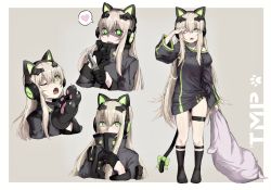 Rule 34 | 1girl, :d, ;o, alma01, animal ear headphones, animal ears, animal hands, black gloves, black jacket, black socks, bow, breasts, cat ear headphones, cat ears, cat girl, cat paws, cat tail, character name, commentary request, fake animal ears, fang, girls&#039; frontline, gloves, green bow, green eyes, grey background, hair between eyes, half gloves, headphones, heart, highres, holding, holding knife, holding pillow, jacket, kneehighs, knife, light brown hair, long hair, looking at viewer, medium breasts, multiple views, no shoes, one eye closed, open mouth, paw gloves, pillow, ribbon, sidelocks, simple background, sleepy, smile, socks, spoken heart, standing, tail, tail bow, tail ornament, thigh strap, tmp (girls&#039; frontline), two-tone background, very long hair, white background, yandere, yawning