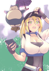 Rule 34 | 1girl, absurdres, armadillo-tokage, baseball cap, belt, black gloves, blonde hair, blue eyes, bodysuit, breasts, cleavage, collarbone, creatures (company), crop top, female protagonist (pokemon go), fingerless gloves, floating, game freak, gen 1 pokemon, gloves, green eyes, hair between eyes, hat, highres, impossible clothes, large breasts, nintendo, open mouth, outdoors, parody, pokemon, pokemon (creature), pokemon go, ponytail, short sleeves, snorlax, sweat, tonari no totoro, tree, umbrella, upper body, wavy mouth