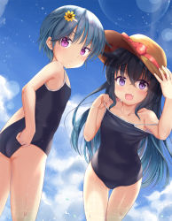 Rule 34 | 2girls, :d, adjusting clothes, adjusting swimsuit, arm up, ass, black hair, blue hair, blue sky, cloud, cloudy sky, collarbone, competition school swimsuit, crossed bangs, day, fang, flat chest, flower, hair flower, hair ornament, hairclip, hand up, hat, highres, leaning forward, long hair, looking at viewer, looking back, multiple girls, niiya, one-piece swimsuit, open mouth, original, outdoors, purple eyes, school swimsuit, short hair, siblings, sisters, sky, smile, standing, strap slip, sun hat, sunflower, swimsuit, thigh gap, thighs