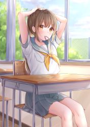 Rule 34 | 1girl, arms up, blush, brown eyes, brown hair, chain-link fence, chair, classroom, closed mouth, commentary request, day, desk, feet out of frame, fence, grey sailor collar, grey skirt, hair between eyes, hair tie, hair tie in mouth, highres, indoors, long hair, looking at viewer, mouth hold, neckerchief, on chair, original, pleated skirt, poe (528yuzunon), ponytail, sailor collar, school chair, school desk, school uniform, serafuku, shirt, short sleeves, sidelocks, sitting, skirt, smile, solo, tying hair, very long hair, white shirt, window, yellow neckerchief