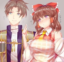 Rule 34 | 10s, 1boy, 1girl, apron, ashu, blue eyes, bow, breasts, brown hair, closed mouth, cookie (touhou), crossover, hair bow, hair tubes, hakurei reimu, heshikiri hasebe, large breasts, looking at another, looking away, mole, mole under mouth, parted lips, purple eyes, red bow, rurima (cookie), saliva, touhou, touken ranbu, translation request, triangle mouth