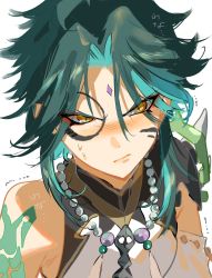 Rule 34 | 1boy, annoyed, arm tattoo, armor, bead necklace, beads, blush, close-up, diamond-shaped pupils, diamond (shape), eyeshadow, facial mark, flustered, forehead mark, furrowed brow, genshin impact, green hair, highres, ink on face, jewelry, looking at viewer, makeup, male focus, mikuroron, necklace, orange eyes, parted bangs, red eyeshadow, shirt, short hair with long locks, shoulder armor, shoulder spikes, sidelocks, single bare shoulder, sleeveless, sleeveless shirt, solo, spikes, sweatdrop, symbol-shaped pupils, tattoo, trembling, upper body, white background, xiao (genshin impact)