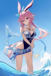 Rule 34 | 1girl, absurdres, animal ears, bare shoulders, blue one-piece swimsuit, blue sky, breasts, cleavage, closed mouth, commentary request, feet out of frame, fins, fish tail, hand on own arm, hand on own leg, head tilt, highres, honkai (series), honkai impact 3rd, kun kun, long hair, looking at viewer, medium breasts, official alternate costume, one-piece swimsuit, outdoors, purple eyes, rabbit ears, sky, solo, star (symbol), swimsuit, tail, very long hair, wading, water, yae sakura, yae kasumi