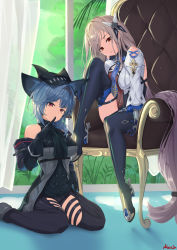 Rule 34 | 2girls, arknights, arm cuffs, ascot, bare shoulders, black footwear, black gloves, black hairband, black headwear, black legwear, black neckwear, black pants, black shirt, black sleeves, blue hair, blue neckwear, boots, breasts, closed mouth, clothing cutout, commentary, cosplay, costume switch, curtains, detached sleeves, eula (genshin impact), eula (genshin impact) (cosplay), finger to mouth, full body, genshin impact, gloves, grey jacket, hair ornament, hairband, hand up, hat, high heel boots, high heels, highres, indoors, jacket, large breasts, leotard, long hair, long sleeves, looking at viewer, multiple girls, necktie, nev (nevblindarts), on chair, pants, parted lips, purple eyes, red eyes, satou rina, shirt, shoulder cutout, shushing, signature, silver hair, sitting, skadi (arknights), skadi (arknights) (cosplay), thigh boots, thigh cutout, thighhighs, very long hair, voice actor connection