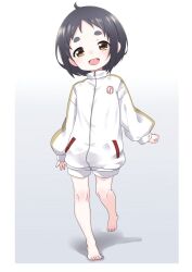 Rule 34 | 1girl, :d, barefoot, black hair, blush, brown eyes, commentary, gradient background, grey background, gym shorts, gym uniform, jacket, kantai collection, long sleeves, looking at viewer, maru-yu (kancolle), nassukun, open mouth, puffy long sleeves, puffy sleeves, short hair, short shorts, shorts, smile, solo, standing, standing on one leg, thick eyebrows, toes, track jacket, white jacket, white shorts