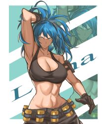 Rule 34 | 1girl, abs, absurdres, arm pouch, biceps, black gloves, blue eyes, blue hair, breasts, cargo pants, cleavage, crop top, earrings, gas can, gloves, highres, jewelry, large breasts, leona heidern, long hair, looking at viewer, midriff, muscular, muscular female, navel, pants, ponytail, soldier, solo, tank top, the king of fighters, the king of fighters xiii, triangle earrings, user nynu4828