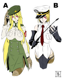 Rule 34 | 10s, 2girls, arachne, armband, arthropod girl, beret, blonde hair, breasts, claws, dual persona, elbow gloves, extra eyes, eyes visible through hair, gloves, hat, insect girl, large breasts, long legs breed (monster musume), monster girl, monster musume no iru nichijou, multiple girls, necktie, red eyes, riding crop, s-now, signature, simple background, spider girl, taur, white background