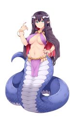 Rule 34 | 1girl, amane hasuhito, bikini, black capelet, black hair, blue eyes, bracelet, breasts, capelet, cleavage, commentary request, fingernails, full body, groin, hair between eyes, hair ornament, hand on own hip, hand up, jewelry, lamia, large breasts, long fingernails, long hair, looking at viewer, monster girl, nail polish, navel, original, parted lips, pelvic curtain, pointy ears, purple bikini, red nails, scales, sharp fingernails, sidelocks, simple background, slit pupils, smile, snake hair ornament, solo, stomach, swimsuit, transparent background, white background