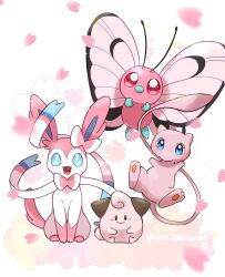 Rule 34 | :d, alternate color, alternate shiny pokemon, antennae, artist name, blue eyes, blush, blush stickers, bright pupils, butterfree, cherry blossoms, cleffa, closed mouth, commentary request, creatures (company), falling petals, fangs, game freak, gen 1 pokemon, gen 2 pokemon, gen 6 pokemon, highres, looking at viewer, mew (pokemon), nintendo, no humans, open mouth, petals, pokemon, pokemon (creature), red eyes, saki pokeoekaki, sakuramon, simple background, sitting, smile, sylveon, twitter username, white background, white pupils