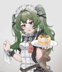 Rule 34 | 1girl, absurdres, apron, black dress, bracelet, breasts, cake, dress, food, green hair, highres, holding, holding plate, jewelry, long hair, looking at viewer, maid, maid apron, maid headdress, open mouth, plate, pota douzhi, small breasts, solo, standing, twintails, zenless zone zero