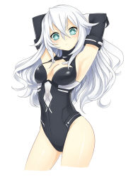Rule 34 | 10s, 1girl, angry, aqua eyes, armpits, arms up, black heart (neptunia), blush, breasts, cleavage, cleavage cutout, clothing cutout, embarrassed, female focus, frown, highres, large breasts, leotard, long hair, neptune (series), noire (neptunia), puchiman, simple background, solo, symbol-shaped pupils, white hair