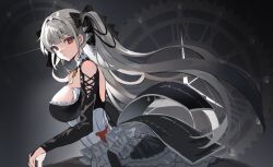Rule 34 | 1girl, absurdres, azur lane, bare shoulders, black dress, black ribbon, breasts, closed mouth, dress, flight deck, formidable (azur lane), frills, from side, gears, gothic lolita, grey hair, hair ribbon, highres, komuer, large breasts, lolita fashion, long hair, long sleeves, looking at viewer, red eyes, ribbon, sidelocks, solo, twintails, two-tone dress, two-tone ribbon, upper body, white dress, white ribbon