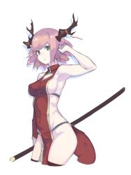 Rule 34 | 1girl, antlers, arm up, armpits, bare hips, bare shoulders, black thighhighs, breasts, closed mouth, covered navel, cowboy shot, cropped legs, deel (rkeg), dragon girl, dress, expressionless, from side, green eyes, highres, horns, loincloth, looking at viewer, medium breasts, original, panties, pelvic curtain, pink hair, polearm, red dress, revealing clothes, short hair, side slit, sideboob, simple background, solo, string panties, swept bangs, tabard, tail, thighhighs, turtleneck, underbust, underwear, weapon, white background
