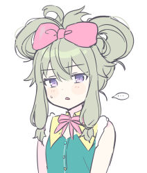 Rule 34 | ..., 1girl, alternate hairstyle, arms at sides, bare shoulders, blush, bow, bowtie, buttons, commentary request, green hair, hair up, kusanagi nene, long hair, looking at viewer, low-tied sidelocks, open mouth, pink bow, pink bowtie, pjmiyo, project sekai, purple eyes, simple background, sleeveless, solo, spoken ellipsis, upper body, white background