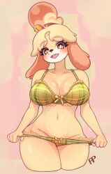 Rule 34 | 1girl, animal crossing, animal ears, animal nose, arms at sides, artist name, bare shoulders, bell, blonde hair, blush, body fur, bow, bow bra, bow panties, bra, breasts, bright pupils, brown eyes, brown hair, buck teeth, cleavage, collarbone, cowboy shot, cropped legs, dog ears, dog girl, female focus, fullpillow, furry, furry female, green bra, green panties, groin, hair bell, hair ornament, hair tie, happy, highres, isabelle (animal crossing), jingle bell, large breasts, looking at viewer, multicolored hair, navel, nintendo, open mouth, panties, panty pull, pink background, plaid, plaid bra, plaid panties, pulling own clothes, short hair, signature, simple background, smile, snout, solo, standing, stomach, teeth, thick thighs, thighs, topknot, two-tone background, two-tone fur, two-tone hair, underwear, underwear only, white fur, white pupils, wide hips, yellow background, yellow fur, yellow theme