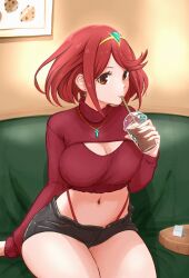 Rule 34 | 1girl, alternate costume, breasts, bubble tea, cleavage, cleavage cutout, clothing cutout, couch, cropped sweater, cup, denim, denim shorts, disposable cup, drinking straw, highleg, highleg panties, highres, holding, holding cup, indoors, jewelry, large breasts, looking at viewer, midriff, navel, necklace, onicles 2, panties, panty st, panty straps, pyra (xenoblade), red eyes, red hair, red panties, red sweater, short hair, shorts, sitting, solo, sweater, table, tiara, underwear, wolkat, xenoblade chronicles (series)