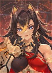 Rule 34 | 1girl, arm armor, asymmetrical clothes, black hair, blonde hair, blue eyes, breasts, brown background, commentary request, crossed bangs, dehya (genshin impact), earrings, genshin impact, gloves, hair between eyes, hair ears, hair intakes, highres, itou youichi, jewelry, long hair, looking at viewer, medium breasts, multicolored hair, sidelocks, single earring, slit pupils, solo, streaked hair, tongue, tongue out, triangle earrings, two-tone hair, yellow pupils