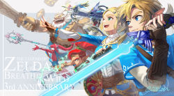 Rule 34 | 3boys, 3girls, anniversary, aqua eyes, arrow (projectile), beard, bird, blonde hair, blue capelet, blue eyes, blue lips, blue shirt, bow (weapon), bracelet, braid, breasts, brown eyes, brown gloves, capelet, chain, circlet, closed eyes, closed mouth, commentary, compound bow, cowboy shot, crown braid, dark-skinned female, dark skin, daruk, earrings, electricity, energy, energy covered sword, english text, facial hair, fingerless gloves, gerudo, gloves, glowing, glowing sword, glowing weapon, grey background, hair ornament, hairclip, hoop earrings, jewelry, leather, leather gloves, link, lips, lipstick, long hair, makeup, mane, master sword, medium breasts, mipha, multiple boys, multiple girls, mustache, nintendo, open mouth, otton, outstretched arm, parted bangs, pointy ears, pointy nose, polearm, ponytail, princess zelda, profile, red eyes, red hair, revali, scimitar, shield, shirt, short hair, simple background, smile, sword, teeth, the legend of zelda, the legend of zelda: breath of the wild, thick eyebrows, trident, urbosa, water, weapon, white hair, zora