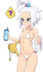 Rule 34 | 1boy, 1girl, ?, absurdres, alternate costume, bikini, blue eyes, bottle, breasts, chikaretsu, closed mouth, collarbone, commentary, confused, cowboy shot, creatures (company), eyebrows, forehead, game freak, gen 1 pokemon, gluteal fold, hands up, high ponytail, highres, holding, holding bottle, hypno, hypnosis, looking down, mind control, navel, nintendo, pendulum, petite, pokemon, pokemon bw2, ponytail, roxie (pokemon), short hair, short ponytail, simple background, small breasts, spoken question mark, standing, swimsuit, w arms, water bottle, white background, white bikini, white hair