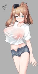 Rule 34 | 1girl, absurdres, alternate costume, breasts, brown hair, cowboy shot, grey background, grey eyes, grey shorts, hair between eyes, highres, kantai collection, large breasts, long hair, maru (marg0613), midriff, nipples, open fly, ponytail, saratoga (kancolle), see-through, see-through shirt, shirt, short shorts, shorts, side ponytail, sidelocks, simple background, smokestack hair ornament, t-shirt, white shirt